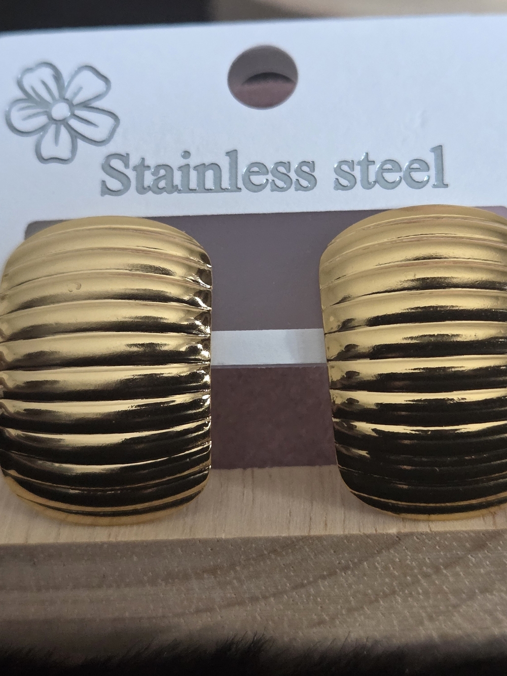 Gold Ribbed Stainless Steel Clip Earrings